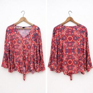 Torrid Red Floral Medallion Tie Front Bell Sleeve Top Plus Size 2 15372045